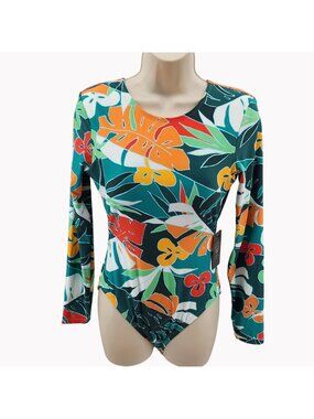 Vince Camuto Size 10 Tropical Print Long Sleeve One Piece Swimsuit New